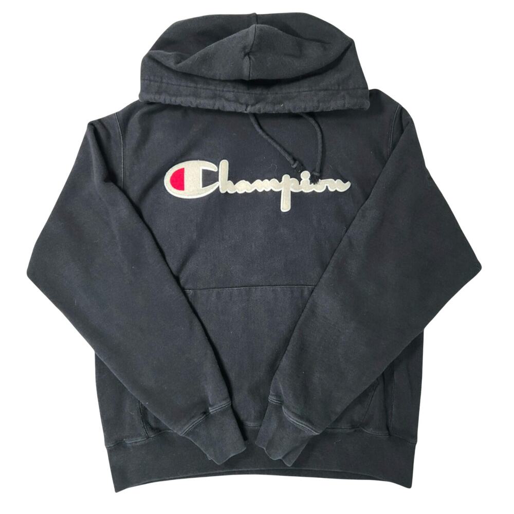 Champion Reverse Weave Hoodie Mens Medium Black Script Logo Pullover Sweatshirt